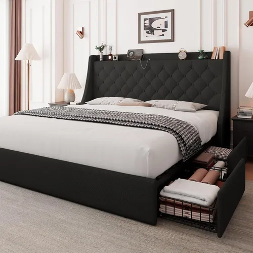 Feonase Marco de cama tapizado de tamaño completo con 4 cajones de almacenamiento, cabecera de almacenamiento grande tipo wingback, no necesita Negro