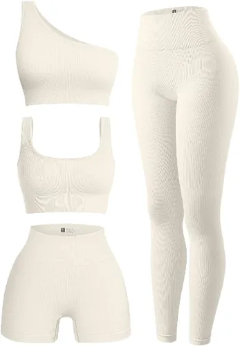 OQQ Conjunto deportivo de 4 piezas para mujer, acanalado, con cuello redondo, con un hombro, pantalones cortos de cintura alta, leggings