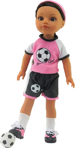 Miniatura 2 de American Fashion World Traje de fútbol rosa para muñecas de 14 pulgadas Balón de fútbol incluido Calidad premium y diseño moderno