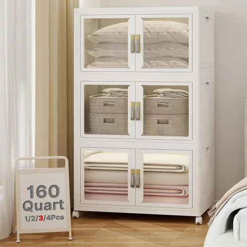 Miniatura 30 de Stackable Storage Bins with Lids, Clear Doors, 120QT Storage Bins Large Storage Cabinet Foldable Collapsible Closet Organizers for Bedroom Dorm