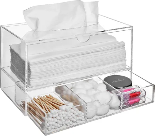 Miniatura 8 de MyGift Organizador de cosméticos de acrílico negro premium y cubierta de caja de pañuelos con cajón de almacenamiento de maquillaje extraíble