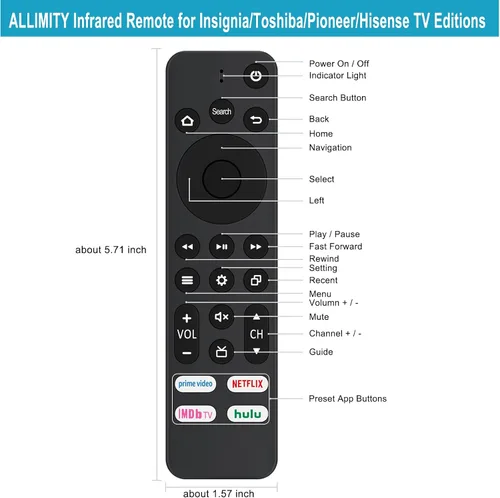 Miniatura 2 de Allimity CT-95018 CT-RC1US-21 CT-RC1CA-21 NS-RCFNA-21 CP-RC1NA-22 Remoto IR de repuesto compatible con Insignia/Toshiba/Pioneer/Hisense Smart TV