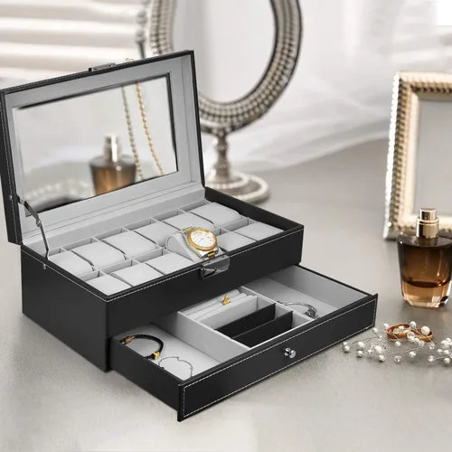 Miniatura 7 de Hossejoy Caja de reloj de cuero con 12 organizadores de relojes para hombre con cajón de exhibición de joyas organizador de caja de reloj