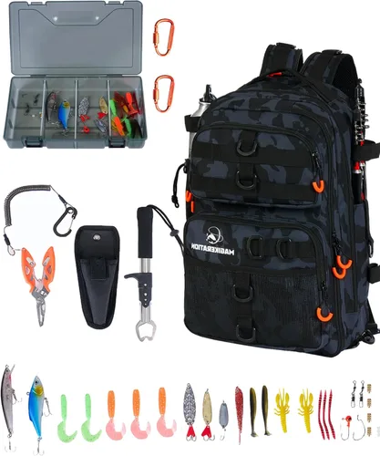 Fishing Backpack with Rod Holders,900D Oxford Water-Resistant Fishing Gear,42L Large Storage Tackle Bag for Men Bk Camo