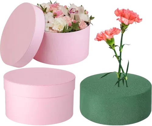 Miniatura 9 de Nuenen Caja de regalo redonda con tapa y juego de espuma floral, negro, 2 piezas, cajas de regalo para flores para el día de la madre, dama