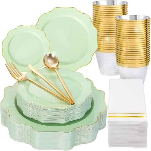 Miniatura 25 de WDF 175 piezas de platos de Navidad de plástico desechables - 25 platos verdes, 25 platos rojos con campanas doradas, 75 cubiertos de plástico Bell