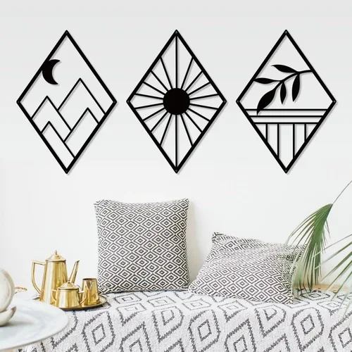 Sokurdeg Arte de pared de geometría minimalista de metal bohemio, decoración de pared de metal de línea bohemia negra, arte abstracto moderno para