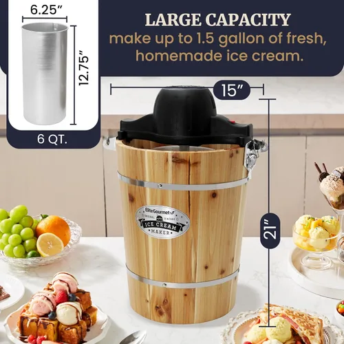 Miniatura 7 de Elite Gourmet EIM916X máquina para hacer helados eléctrica estilo antiguo con cubeta de madera vintage de 6 cuartos de la serie Appalachian, incluye