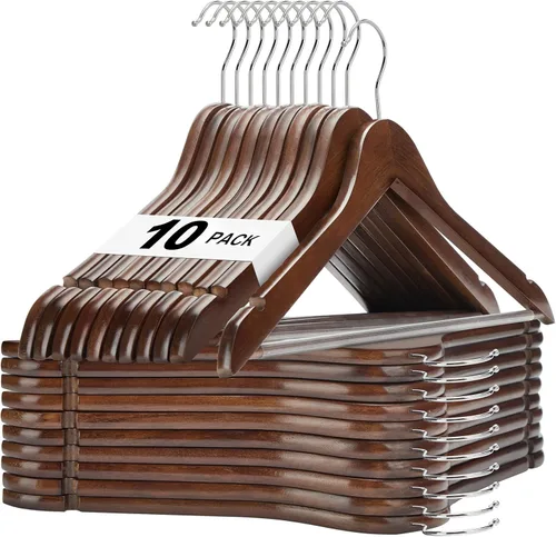 HOUSE DAY - Paquete de 10 perchas de madera de nogal, percha de madera maciza con barra antideslizante, percha de madera resistente para clóset,