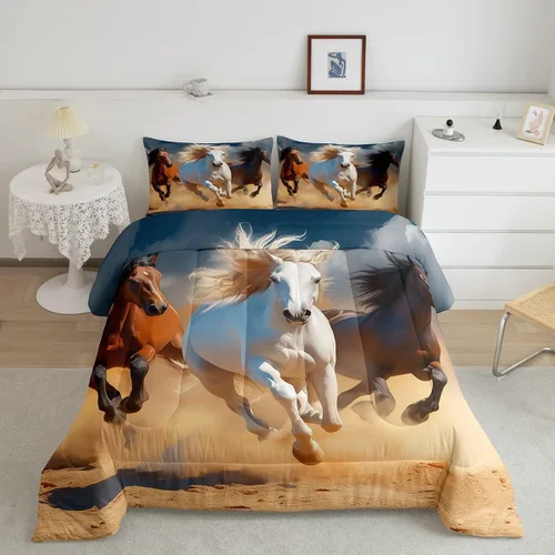 Miniatura 3 de Erosebridal Juego de edredón de caballo, tamaño individual, juego de ropa de cama de caballos al galope para niños, jóvenes y hombres, edredón