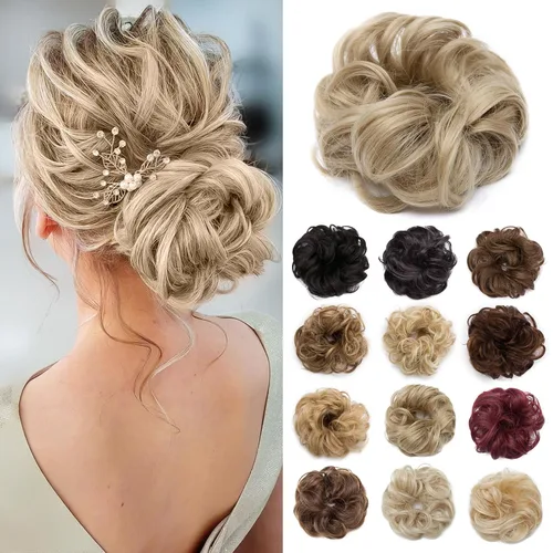 Miniatura 33 de Benehair Moño desordenado, pieza de pelo recogido para mujer, esponjoso, ondulado, moño con dona, moño sintético con banda elástica de goma