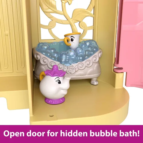 Miniatura 6 de Mattel Disney Princess Toys, Belle - Casa de muñecas castillo apilable con pequeña muñeca Belle, 4 personajes amigos y 3 accesorios, portátil con asa