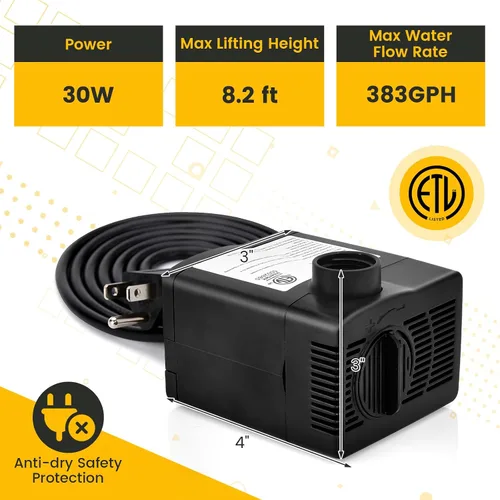 Miniatura 7 de Goplus Bomba de agua sumergible de 383 GPH (1450 L/H, 30 W), bomba de agua ultra silenciosa con elevación de 8.2 pies de alto, cable de alimentación