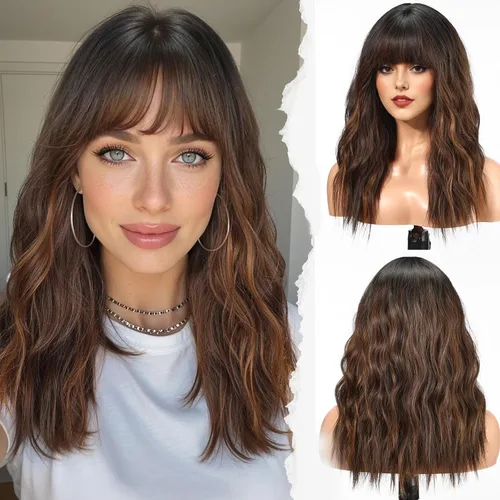 Miniatura 8 de HAIRCUBE Peluca larga con flequillo, pelucas sintéticas onduladas para mujer, color castaño rojizo