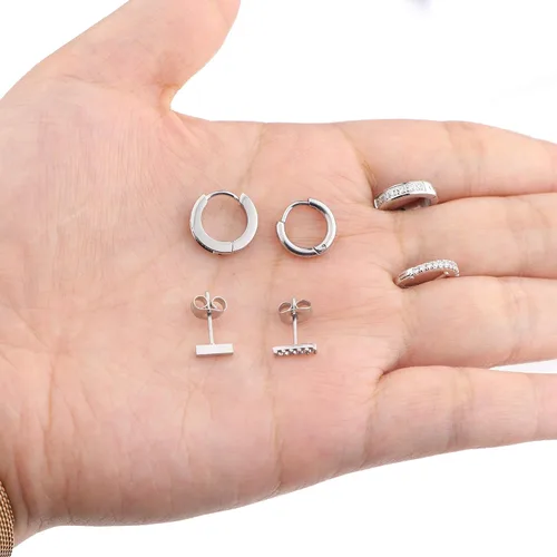 Miniatura 5 de JOERICA Juego de 6 pares de aretes de aro para mujer, diseño minimalista de mini barra, oro y plata, circonita cúbica, juego de piercings pequeños