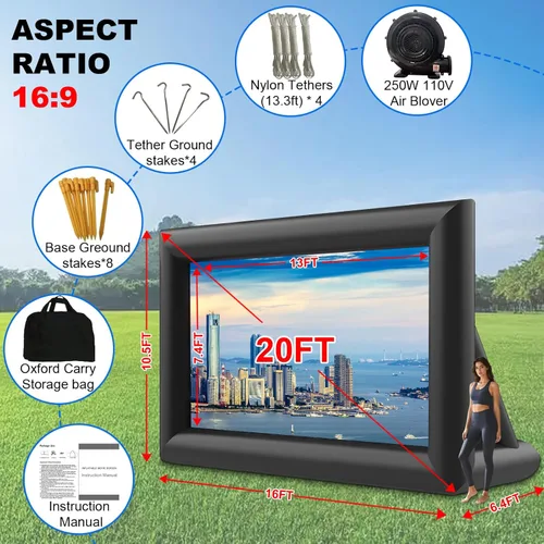 Miniatura 4 de GYUEM - Pantalla de proyector inflable portátil de 20 pies para películas; paquete de enorme pantalla de proyección de cine soplada con aire