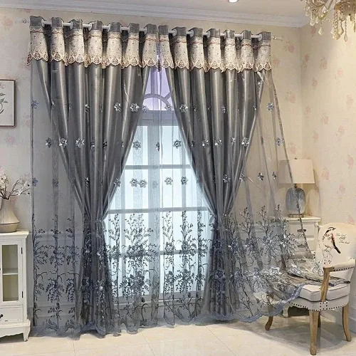 Miniatura 10 de Amidoudou 1 par de cortinas europeas de doble capa para sala de estar, dormitorio, cortinas bordadas de flores de lujo con cenefa