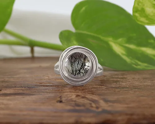 Miniatura 3 de Black Rutilated Quartz Ring Natural Round Cabochon Black Rutile Ring Sterling Silver 925 Handmade Jewelry