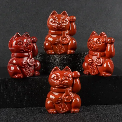 Miniatura 4 de Artistone Figura coleccionable de cristal de jaspe rojo Maneki Neko Money Feng Shui Fortune Lucky Cat Escultura de piedras preciosas para atraer