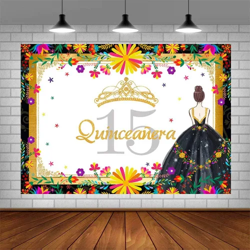 Miniatura 4 de AIBIIN Telón de fondo de quinceañera de 7 x 5 pies con temática mexicana de cumpleaños 15 para niñas, fondo de fotografía de princesa negro y dorado