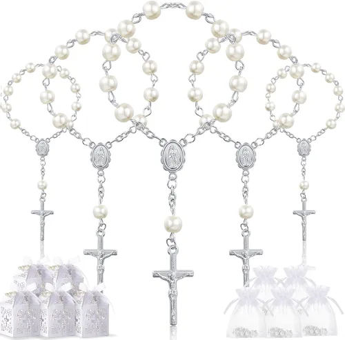 Taiyin Juego de 300 piezas de rosarios para bautizo a granel, pulsera de rosario acrílico, cuentas de perlas sintéticas con bolsa de organza y cajas