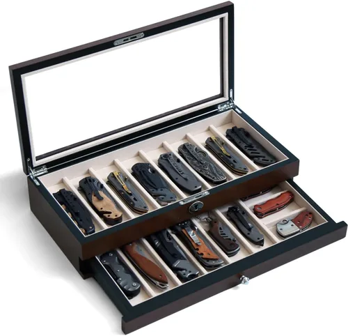 Miniatura 9 de Estuche de exhibición de cuchillos de dos niveles, caja de almacenamiento para cuchillos de bolsillo de 15 a 17 cuchillos de bolsillo, estuche Chapa