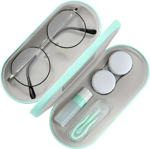 Miniatura 15 de MoKo Estuche Doble para Gafas, Estuche para Lentes de Contacto con Pinzas Removedoras con Espejo, 2 en 1 de Doble Cara Portátil, Caja Soporte Azul