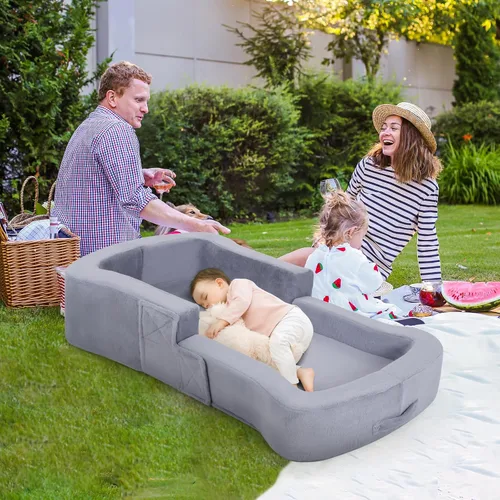 Miniatura 3 de whiffee Cama de viaje para niños pequeños, cama sofá silla plegable portátil 2 en 1, cuna de piso de viaje suave para bebés y niños con fundas