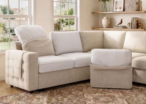 Miniatura 7 de HONBAY Sofá seccional con cama extraíble, sofá cama seccional con almacenamiento, sofás en forma de U para sala de estar, terciopelo beige