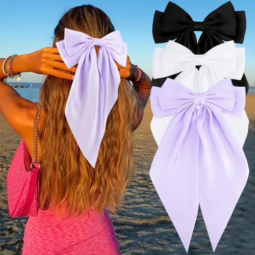 Miniatura 15 de Velscrun Lazos para el cabello para mujeres y niñas, 3 unidades, lazo blanco, lazo negro, azul marino, lazos grandes para el cabello con clip, lazos