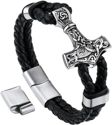 Bandmax Pulsera trenzada de cuero negro para hombre con colgante gótico punk, pulsera de cuero con hebilla de acero inoxidable, paquete de regalo,
