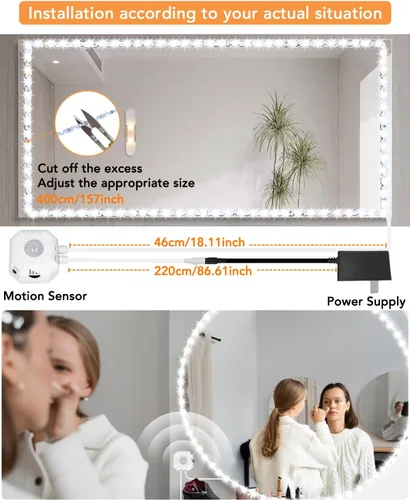 Miniatura 2 de Daymeet Luces LED de espejo de tocador con sensor de movimiento, luces LED activadas por movimiento de 4m para espejo, luces de tira flexibles