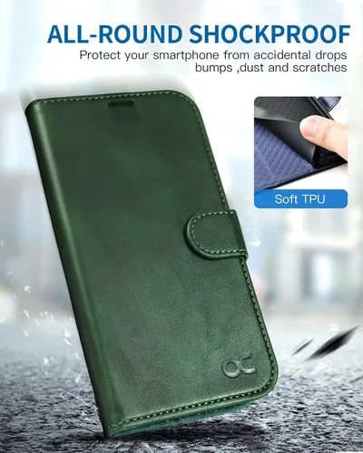 Miniatura 6 de OCASE Funda tipo cartera compatible con iPhone 13, de piel sintética con tapa tipo folio, con tarjetero, bloqueo RFID, soporte