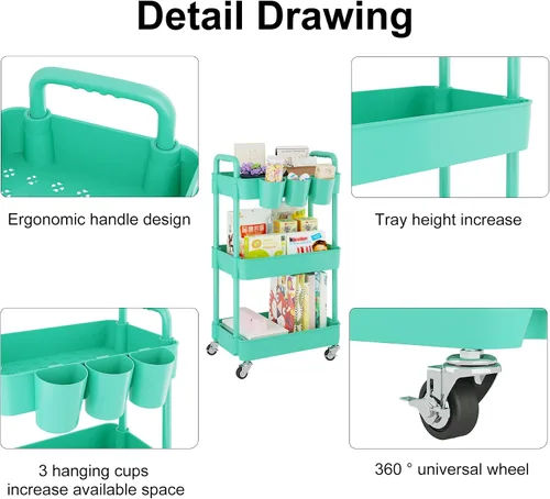 Miniatura 8 de UDEAR Carrito utilitario rodante de 3 niveles, estantes de almacenamiento multifuncionales con asa y ruedas con cerradura para habitación, oficina