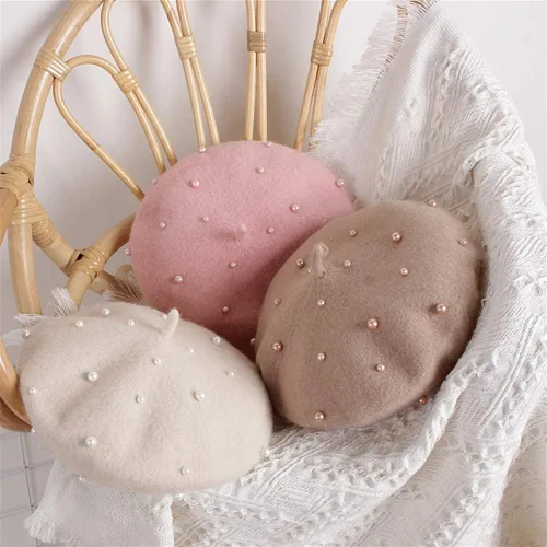Miniatura 18 de Gorros de boina de perlas para bebés y niñas, sombreros de lana para fiesta de bebé, sombreros de primavera y verano, accesorios para bebés de 2 a 6