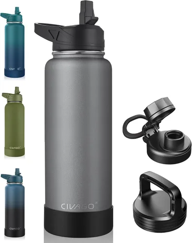 Miniatura 20 de CIVAGO Botella de agua aislada de 22 onzas con pajita, frasco de agua deportiva de acero inoxidable con 3 tapas