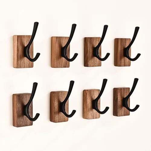 Miniatura 13 de Perchero de pared pequeño de madera de nogal de 17.3 pulgadas con 4 ganchos, colgador de chaquetas de madera resistente montado en puerta
