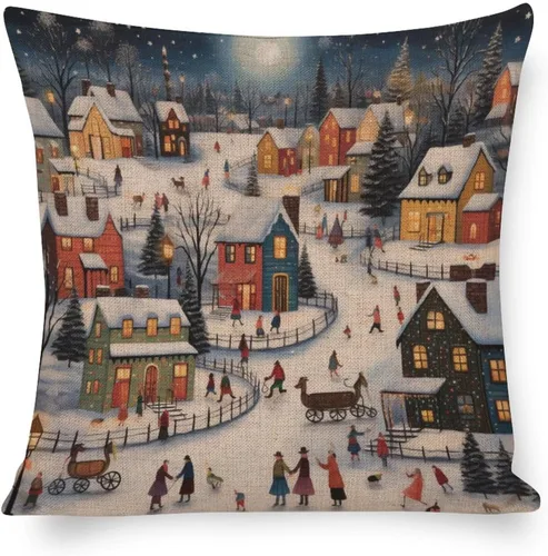 Miniatura 14 de Fundas de almohada de 16 x 16 pulgadas, diseño de pueblo de invierno, decoración de Navidad, para sofá, sala de estar, dormitorio