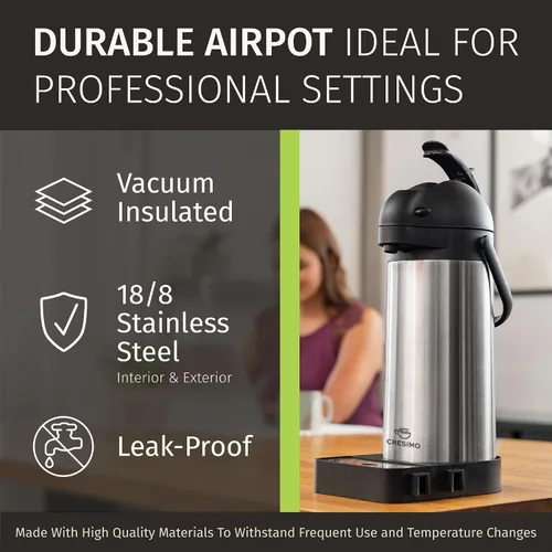 Miniatura 7 de Dispensador de café Airpot con bomba y bandeja - Jarra de café de 102 oz/3L con bomba - Dispensador de bebidas calientes de 12 horas para fiestas
