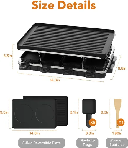 Miniatura 8 de HBN Parrilla eléctrica de mesa Raclette con 8 bandejas de calentamiento, parrilla coreana 2 en 1 y plancha eléctrica antiadherente, control