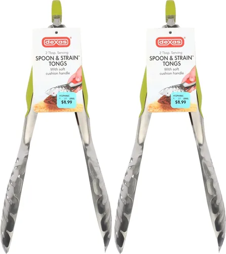 Dexas Cuchara y colar pinzas ranuradas de acero inoxidable, asas verdes (paquete de 2)