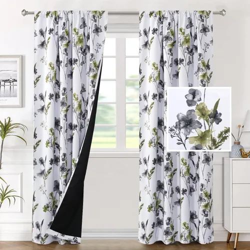 Miniatura 30 de H.VERSAILTEX Cenefas de cortina 100% opacas para ventanas de cocina, juego de 2 paneles de Cattleya con estampado floral Leah con aislamiento