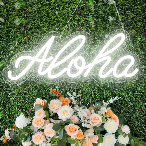 Aloha - Letrero de neón blanco frío Aloha para decoración de pared, luces LED de neón de 15 x 5.9 pulgadas con interruptor de atenuación operado por