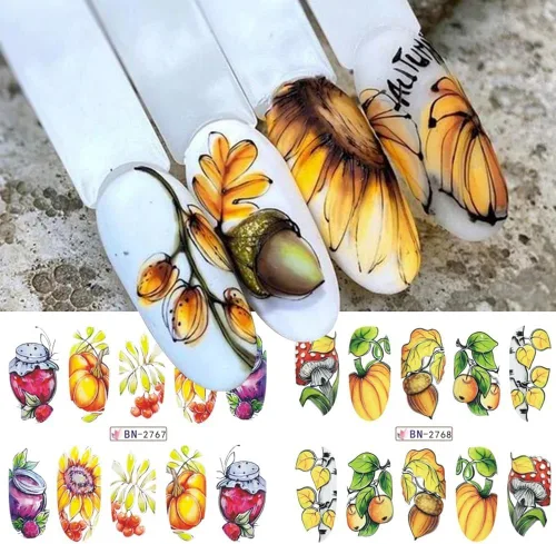 Miniatura 6 de 12 hojas de calcomanías de uñas de otoño de Acción de Gracias para arte de uñas, hojas de arce, calcomanías de calabaza para uñas de transferencia
