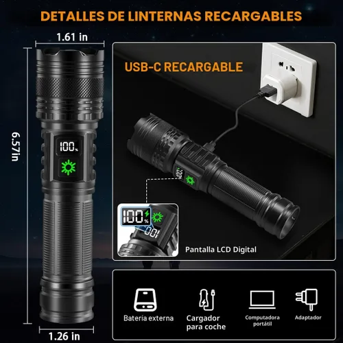 Miniatura 3 de Paquete de 3 linternas recargables de alto lúmenes 9900FL, linterna LED recargable con pantalla digital LCD, 5 modos de luz de flash ajustable