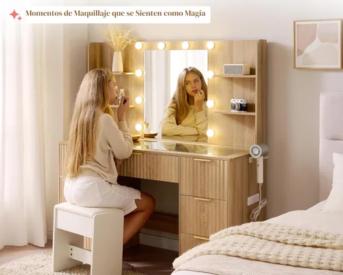 Miniatura 7 de AMERLIFE - Mesa de tocador con acanaladuras de 47.2" con espejo y luces LED ajustables, mesa de maquillaje grande con 7 cajones, tapa de vidrio