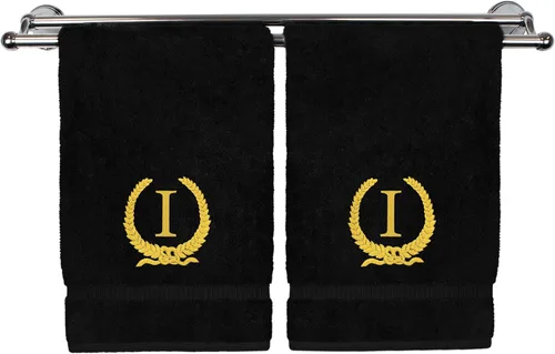 Miniatura 24 de Toalla de mano con monograma, regalo personalizado, 16 x 30 pulgadas, diseño de corona dorada bordada con letra blanca en toalla negra, extra
