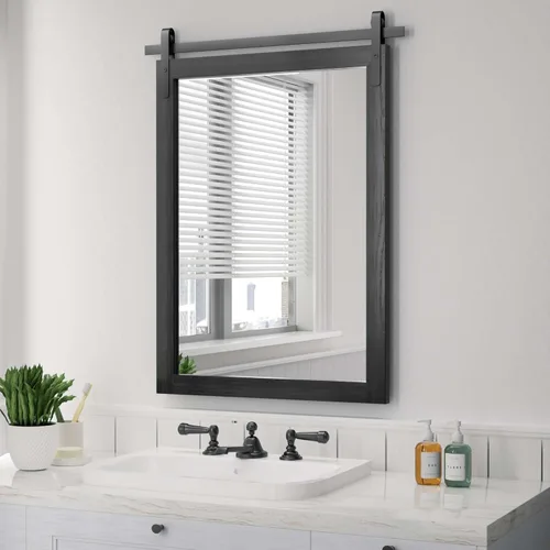 Espejo Negro de Granja para Pared, Espejos Cuadrados de Baño con Marco de Madera de 18x26 Pulgadas para Tocador, Espejos Estilo Puerta de Granero