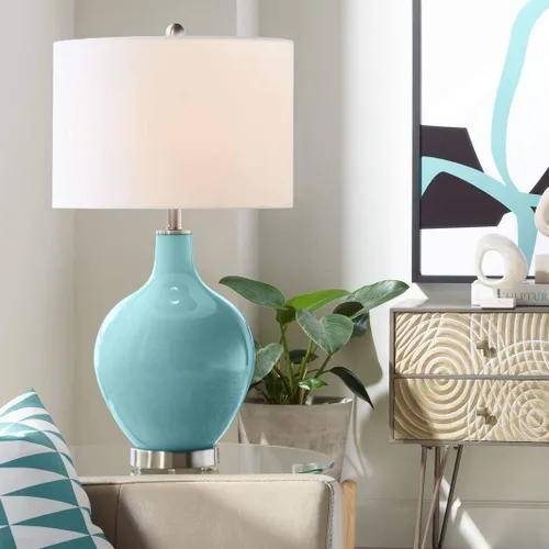 Miniatura 16 de Color + Plus Lámpara de mesa moderna de 28.5 pulgadas de alto, cristal azul Mónaco OVO blanco con pantalla de tambor de lino para sala de estar