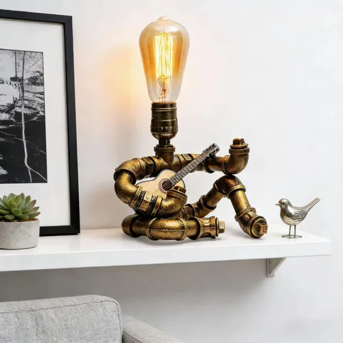Miniatura 4 de Lámpara de mesa de guitarra musical, lámpara de mesa robot de guitarra steampunk, lámpara steampunk de guitarras retro, lámpara de robot de tubo